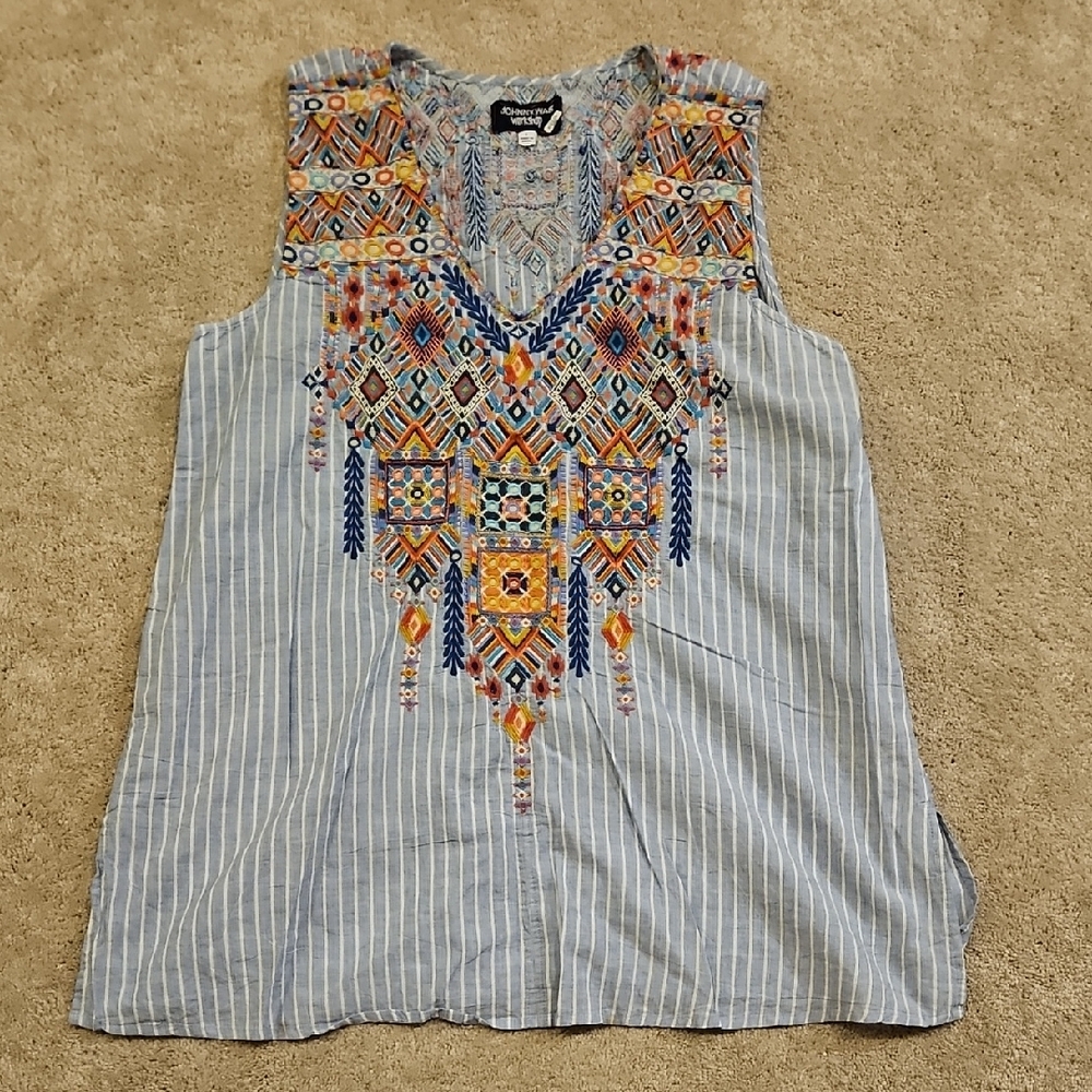 Johnny Was Embroidered Striped Blouse - Blue and Multicolor